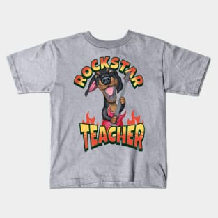 Cute Doxie Dog on a Rockstar Teacher Dachshund tee Kids T-Shirt